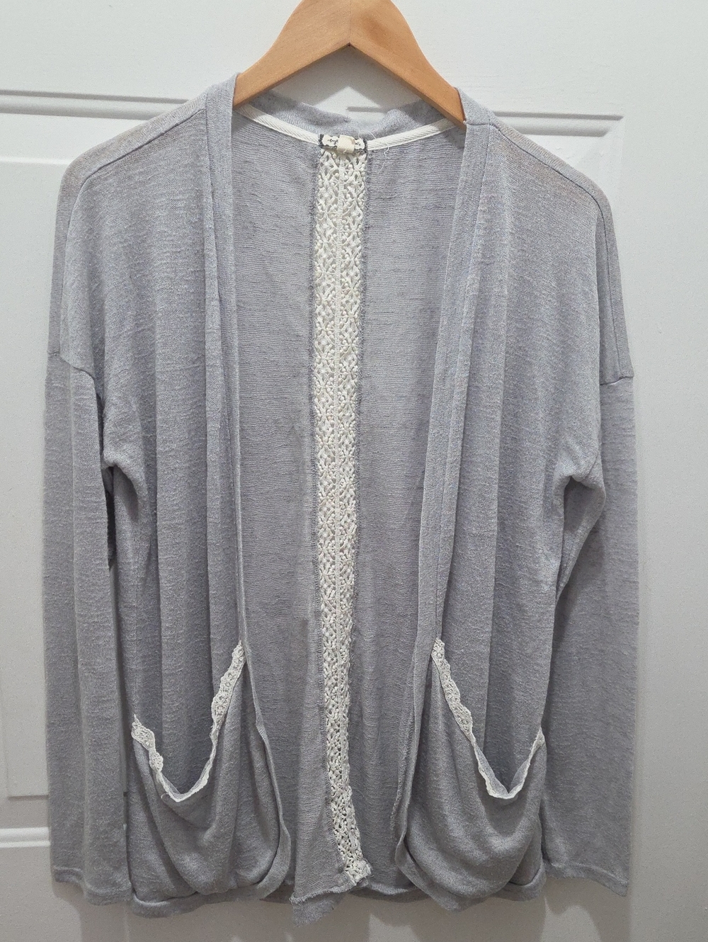 Eyeshadow Light Gray Open-Front Cardigan with Cream Lace Trim L